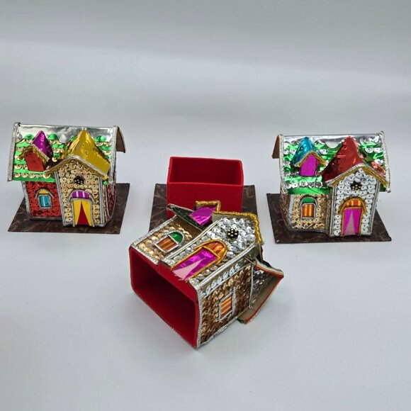 Lot of 5 Vintage The Bombay Company Christmas Putz Sequin Trinket Box Houses - Picture 15 of 16